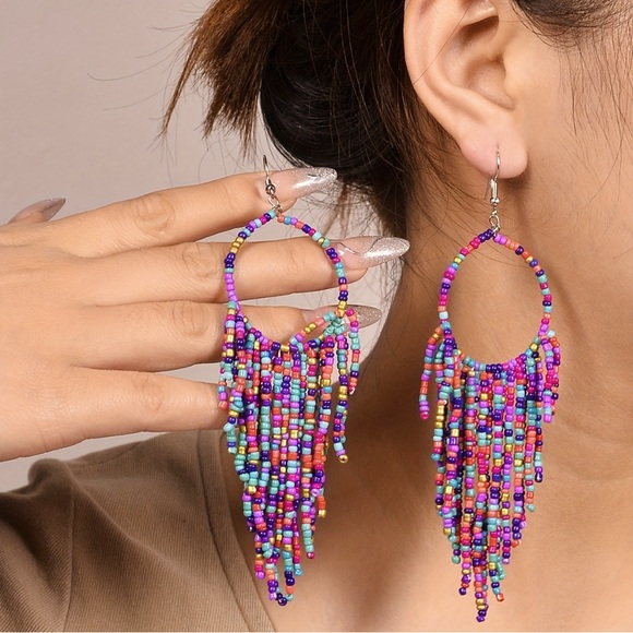 Beaded Multicolored Fringe Hoop Earrings - Picture 5 of 13